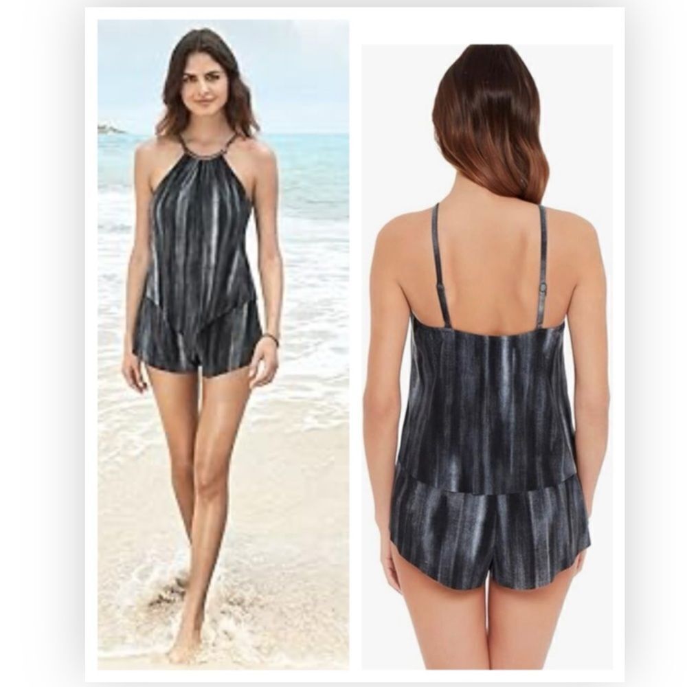 MagicSuit Jeannie Goldie Romper One Piece Swimsuit Black Grey New $186